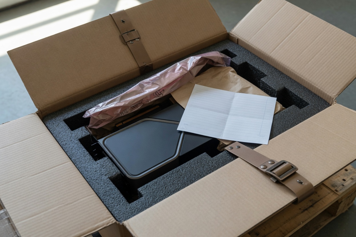 GPU packed in custom foam inside an export carton with a packing slip