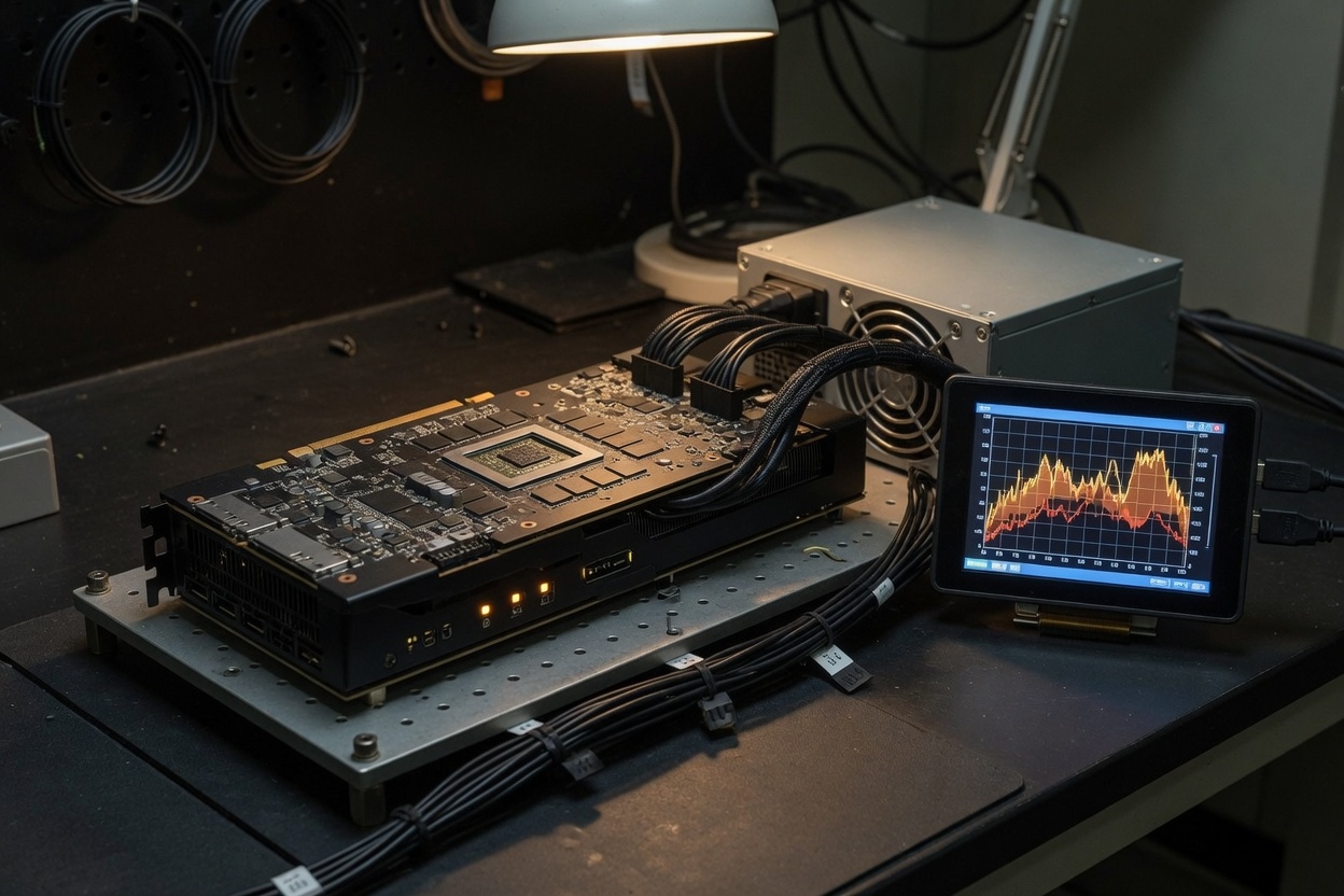 Graphics card on an open test bench with a thermal graph on a small monitor